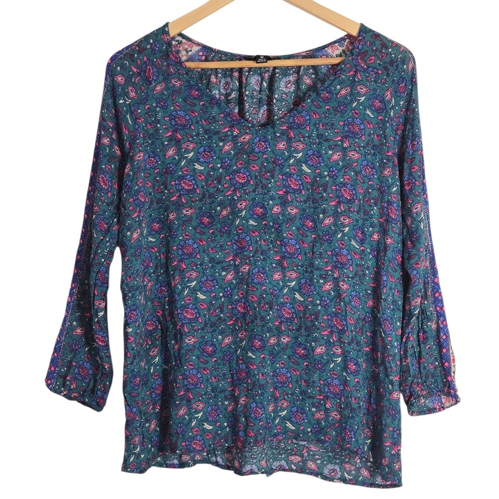 Lucky Brand Teal Floral Paisley Rayon Peasant Blouse Split V-Neck‎ Top Womens M